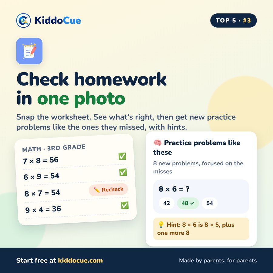 Check homework in one photo, then practice problems like the ones they missed, with hints
